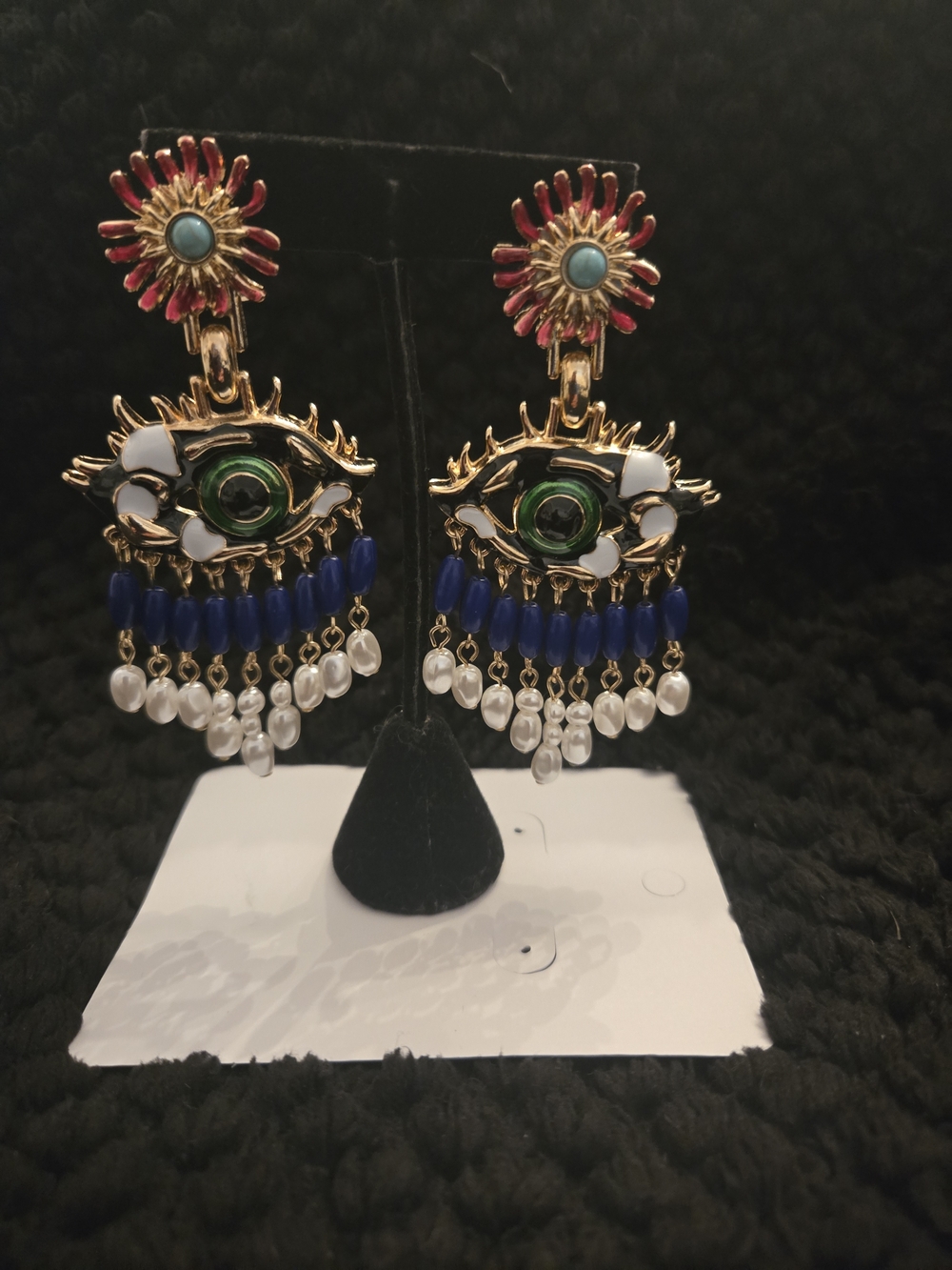 Schiaparelly Inspired Gold Eye Earrings Blue Beads, Green Enamel & Pearl Fringe